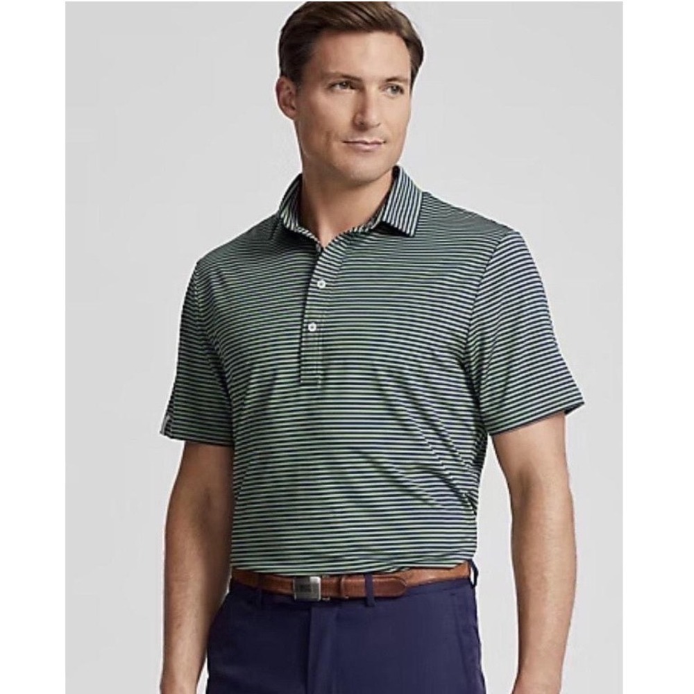 NWT RLX Ralph Lauren Mens Classic Fit Stretch Striped Golf Polo Shirt Green